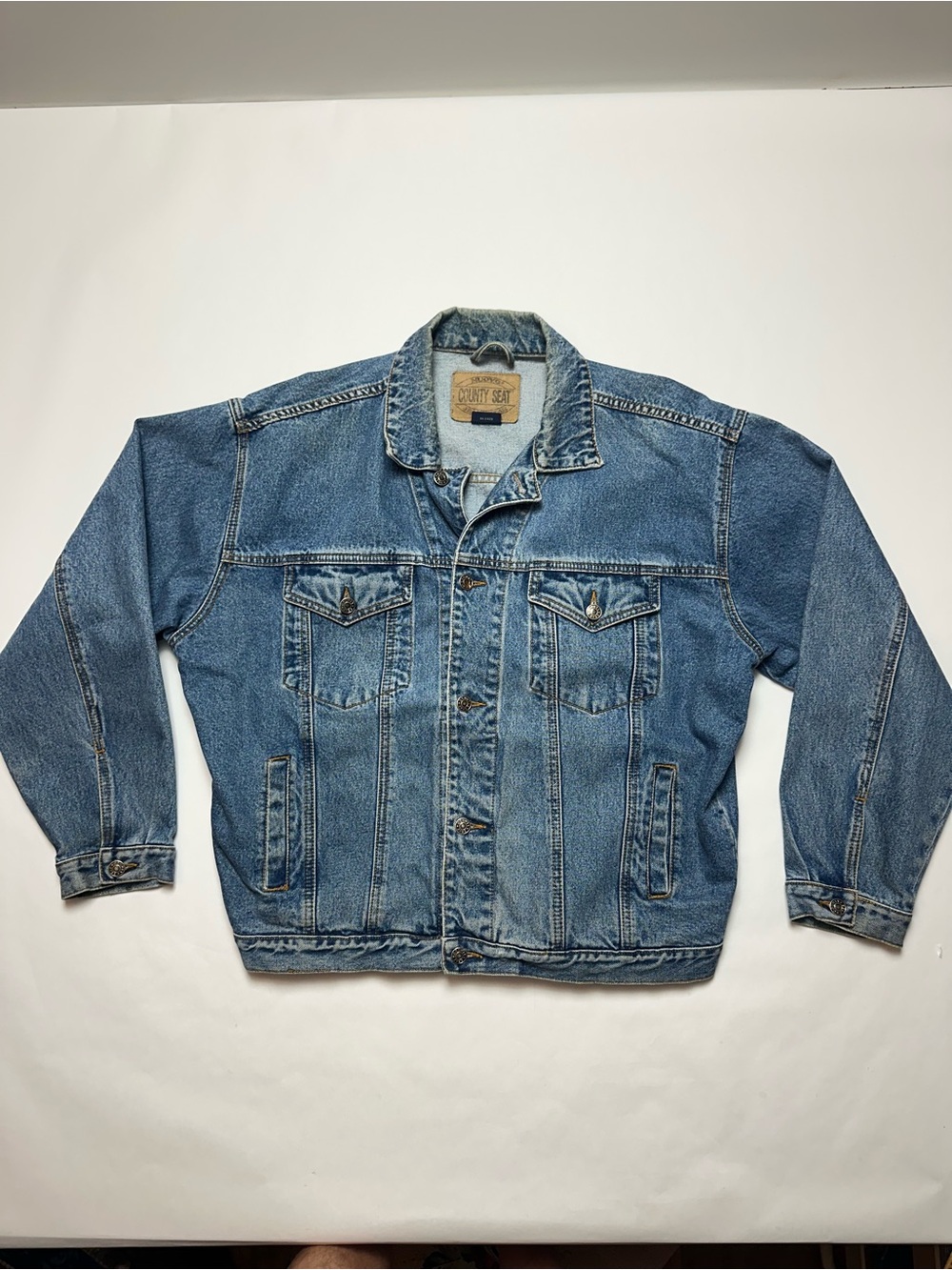Vintage 90s County Seat Denim Trucker Jacket Made In Hong Kong 100% Cotton XL